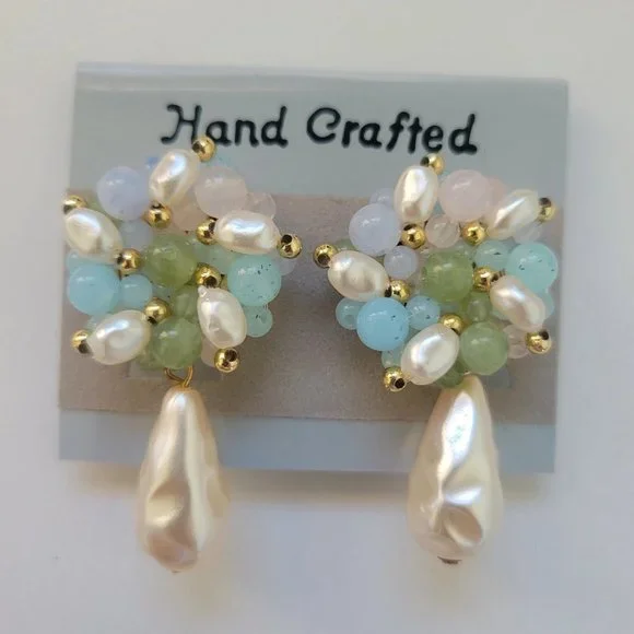 Vintage Pastel Acrylic Bead Cluster Faux Baroque Pearl Drop Clip On Earrings - Picture 1 of 3